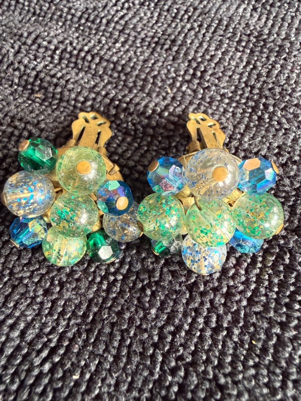 Vintage Green & Blue Beaded Cluster Clip-On Earrings - Vintage Style